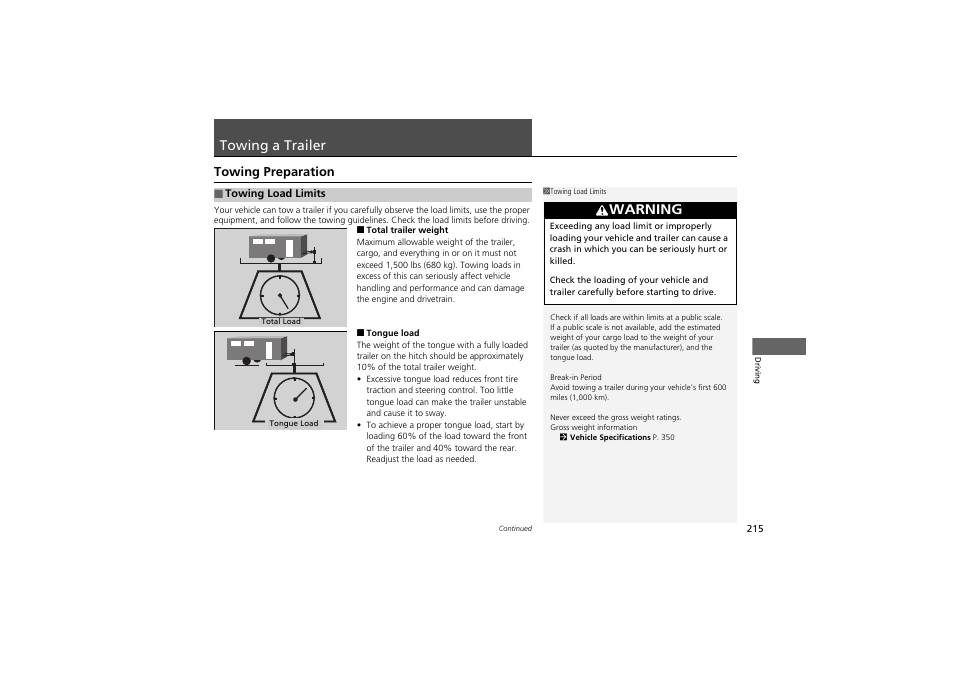 Towing a trailer, Warning, Towing preparation | Acura 2012 ZDX User Manual | Page 217 / 370