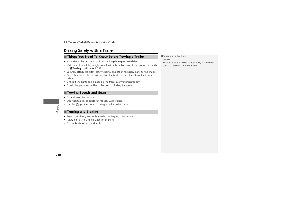 Driving safely with a trailer | Acura 2012 ZDX User Manual | Page 220 / 370