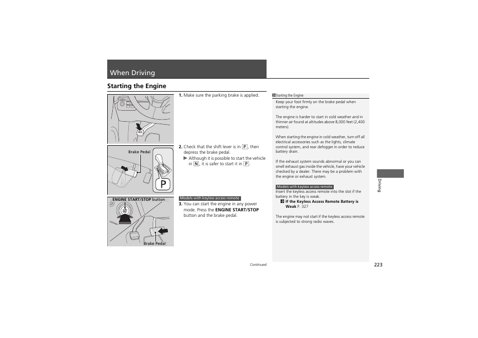 When driving, Starting the engine | Acura 2012 ZDX User Manual | Page 225 / 370