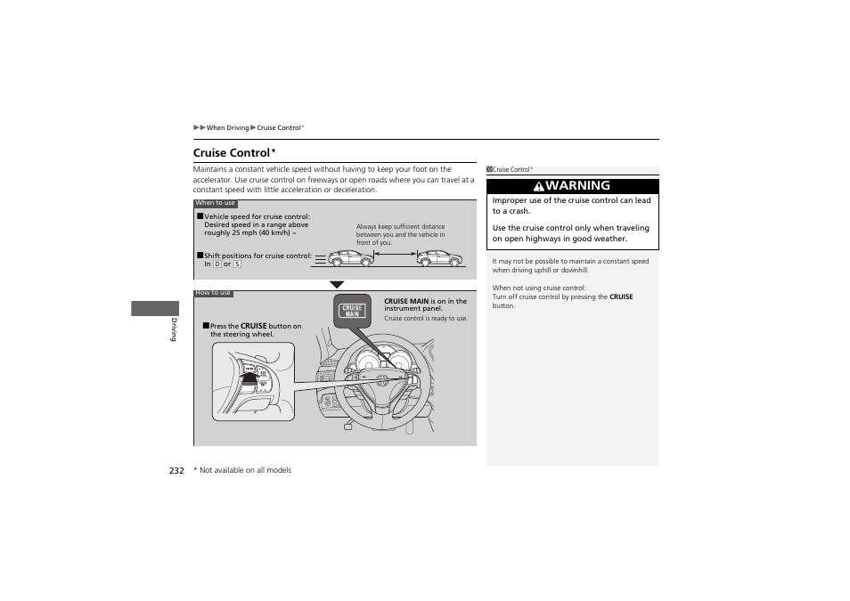 Warning, Cruise control | Acura 2012 ZDX User Manual | Page 234 / 370