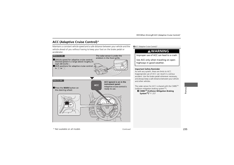 Warning, Acc (adaptive cruise control) | Acura 2012 ZDX User Manual | Page 237 / 370