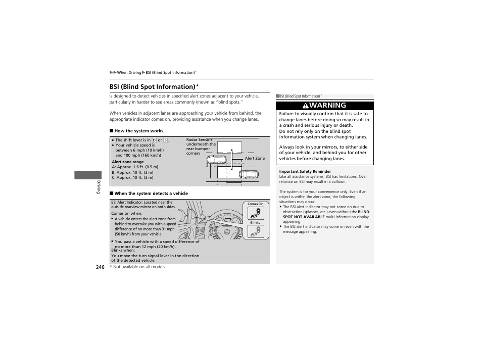 Warning, Bsi (blind spot information) | Acura 2012 ZDX User Manual | Page 248 / 370