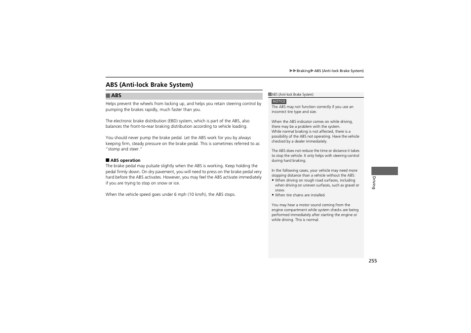 Abs (anti-lock brake system) | Acura 2012 ZDX User Manual | Page 257 / 370