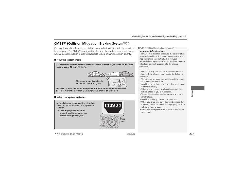 Cmbs, Collision mitigation braking system | Acura 2012 ZDX User Manual | Page 259 / 370