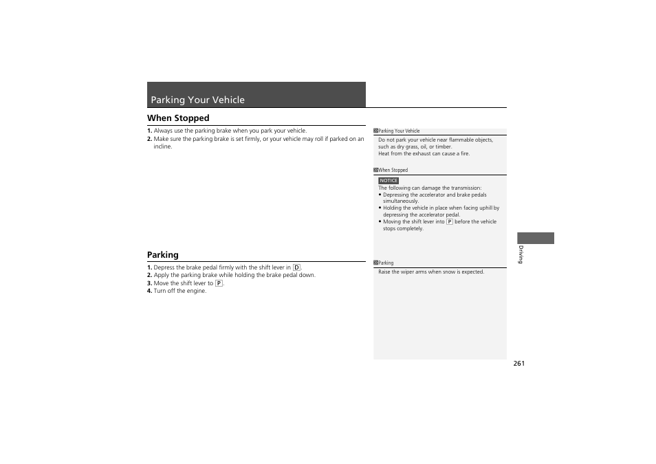 Parking your vehicle, When stopped, Parking | Acura 2012 ZDX User Manual | Page 263 / 370