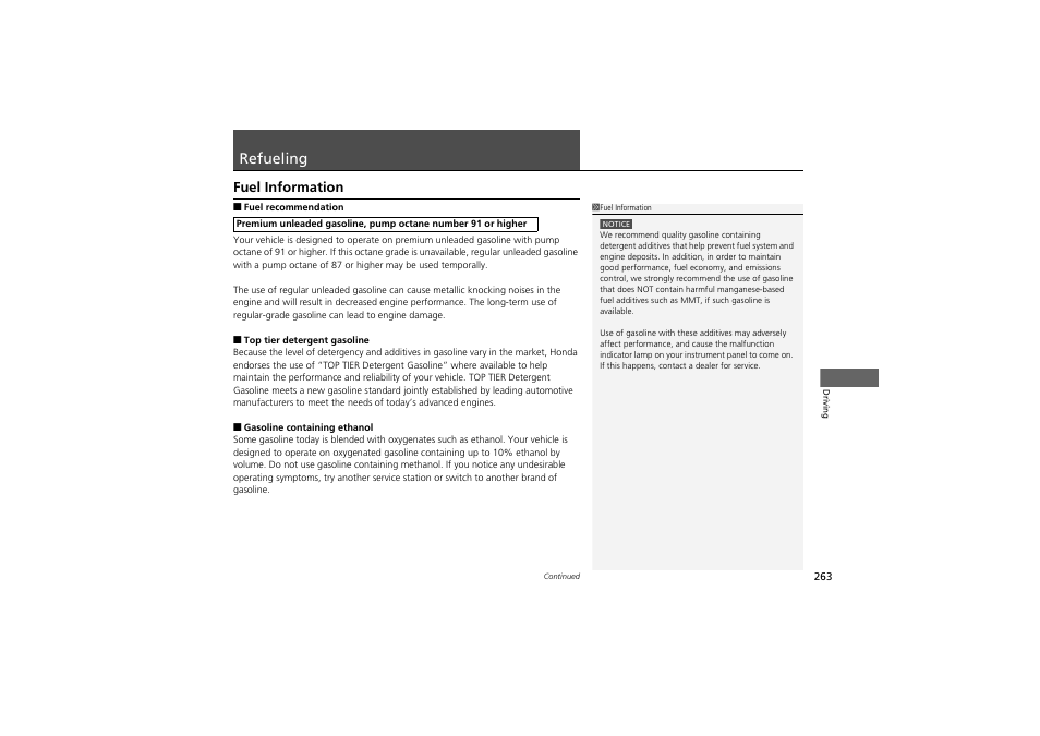 Refueling, Fuel information | Acura 2012 ZDX User Manual | Page 265 / 370