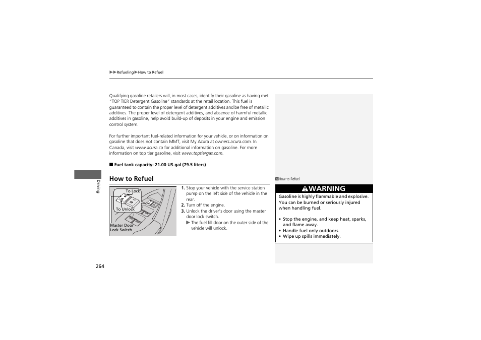 Warning, How to refuel | Acura 2012 ZDX User Manual | Page 266 / 370