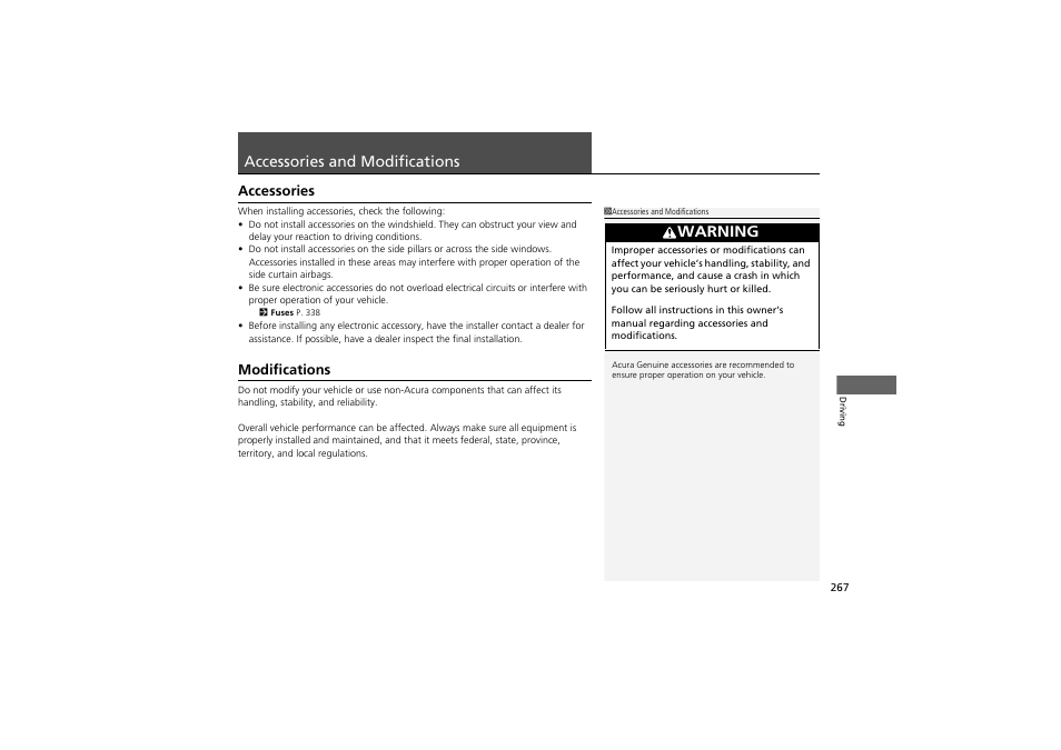 Accessories and modifications, Warning | Acura 2012 ZDX User Manual | Page 269 / 370