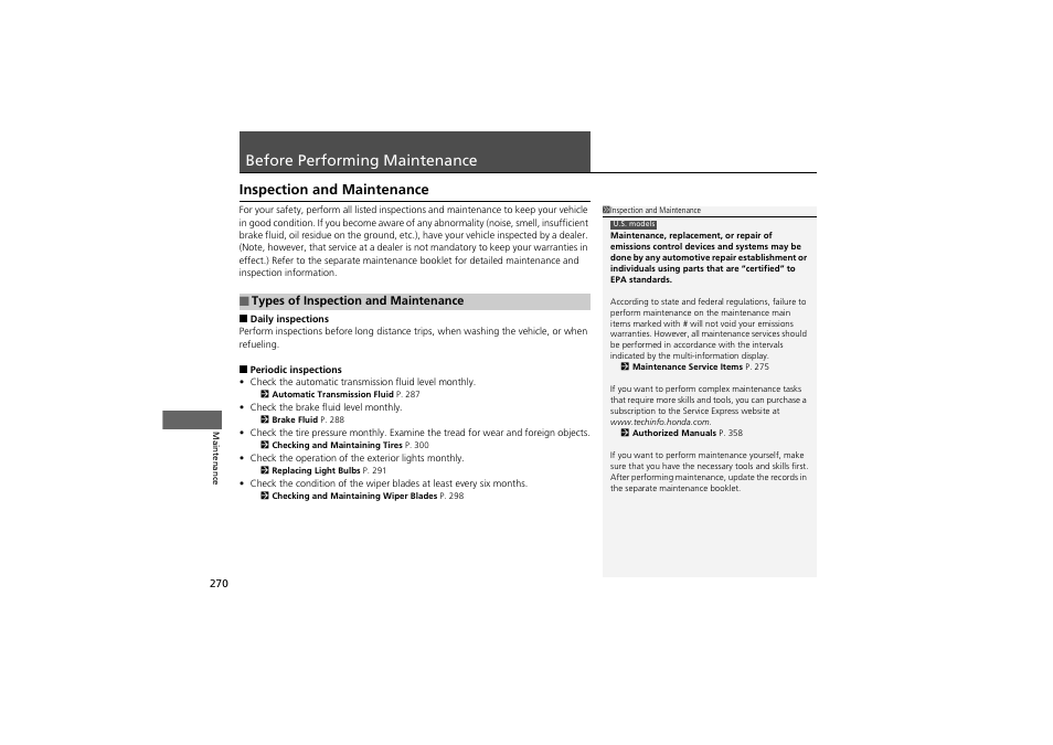 Before performing maintenance, Inspection and maintenance | Acura 2012 ZDX User Manual | Page 272 / 370
