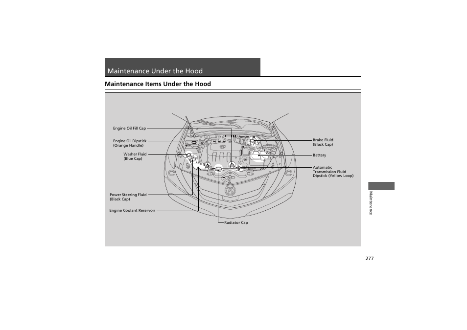 Maintenance under the hood, Maintenance items under the hood | Acura 2012 ZDX User Manual | Page 279 / 370