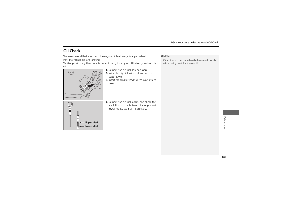 Oil check | Acura 2012 ZDX User Manual | Page 283 / 370