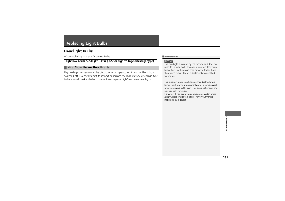 Replacing light bulbs, Headlight bulbs | Acura 2012 ZDX User Manual | Page 293 / 370