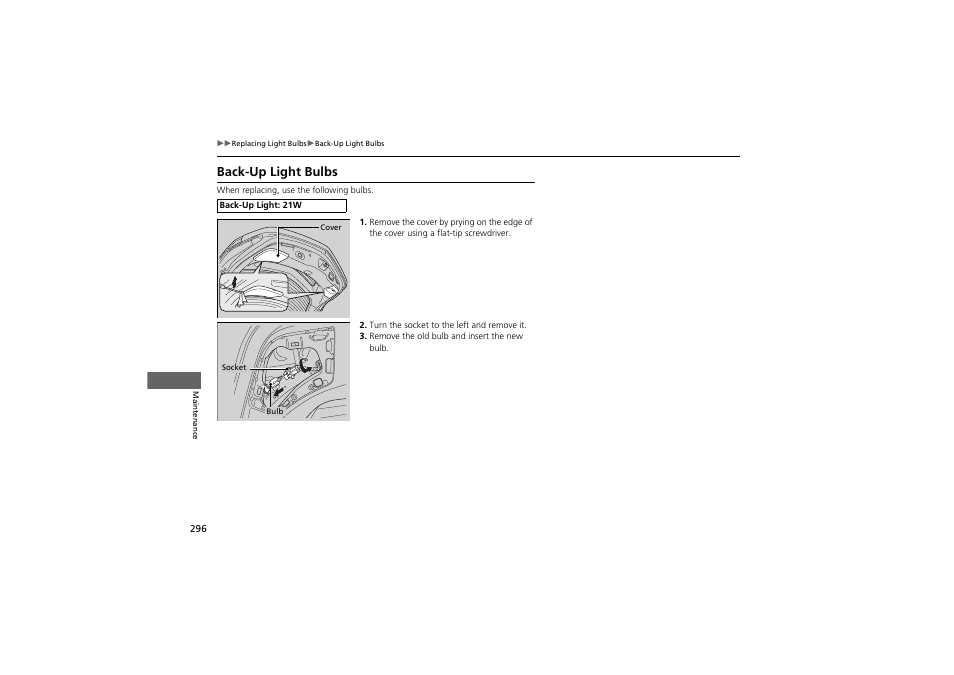 Back-up light bulbs | Acura 2012 ZDX User Manual | Page 298 / 370