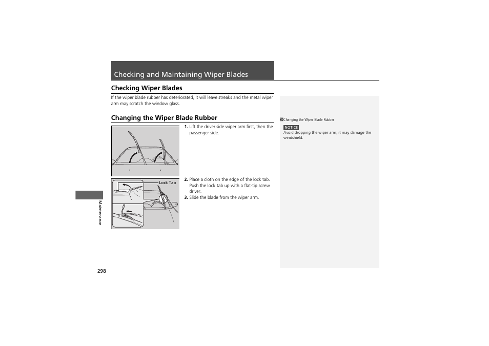 Checking and maintaining wiper blades, Checking wiper blades, Changing the wiper blade rubber | Acura 2012 ZDX User Manual | Page 300 / 370