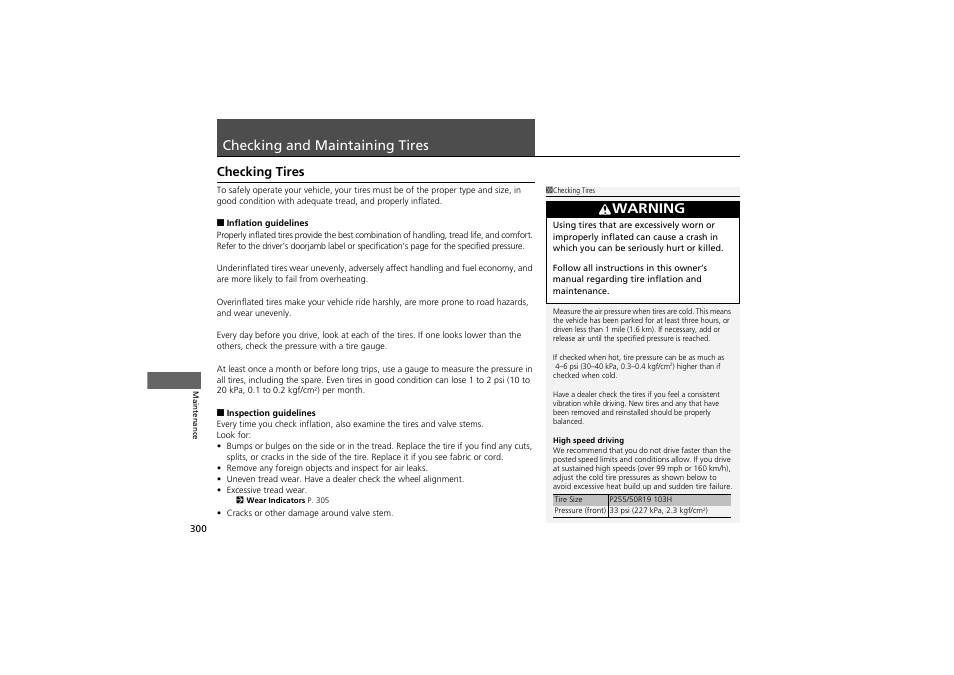 Checking and maintaining tires, Warning, Checking tires | Acura 2012 ZDX User Manual | Page 302 / 370