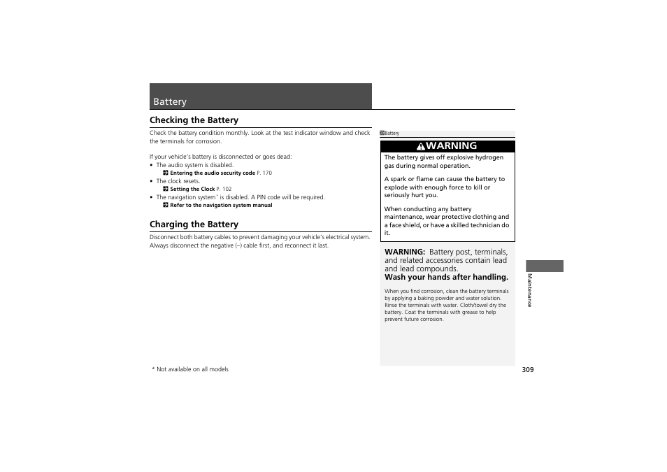 Battery, Warning, Checking the battery | Charging the battery | Acura 2012 ZDX User Manual | Page 311 / 370