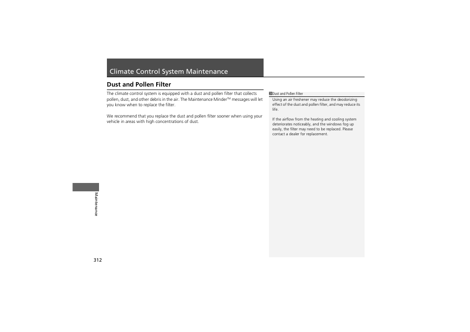 Climate control system maintenance, Dust and pollen filter | Acura 2012 ZDX User Manual | Page 314 / 370