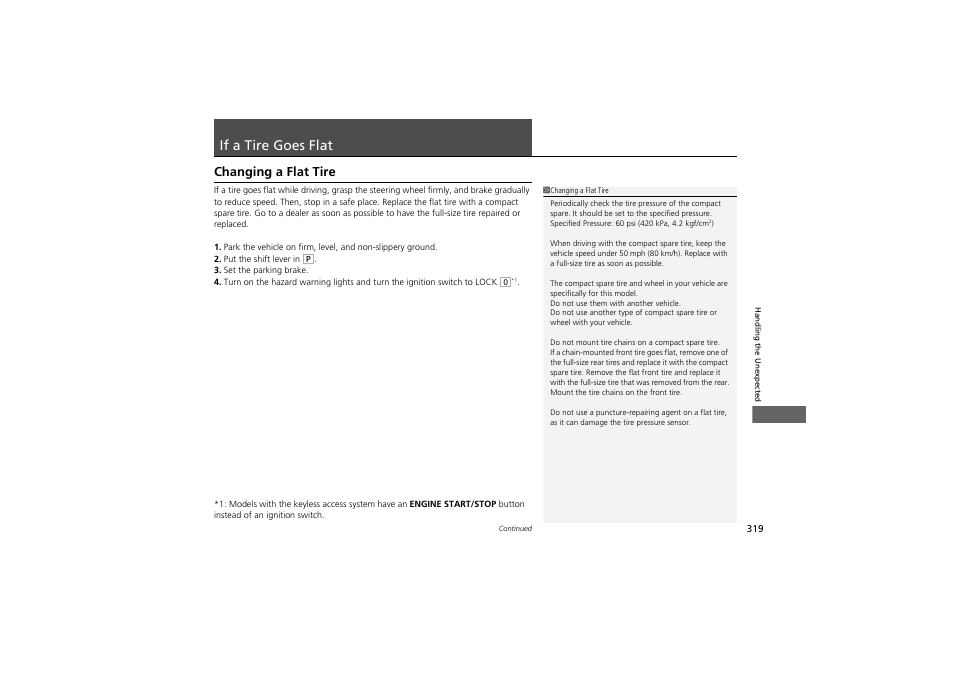 If a tire goes flat, Changing a flat tire | Acura 2012 ZDX User Manual | Page 321 / 370