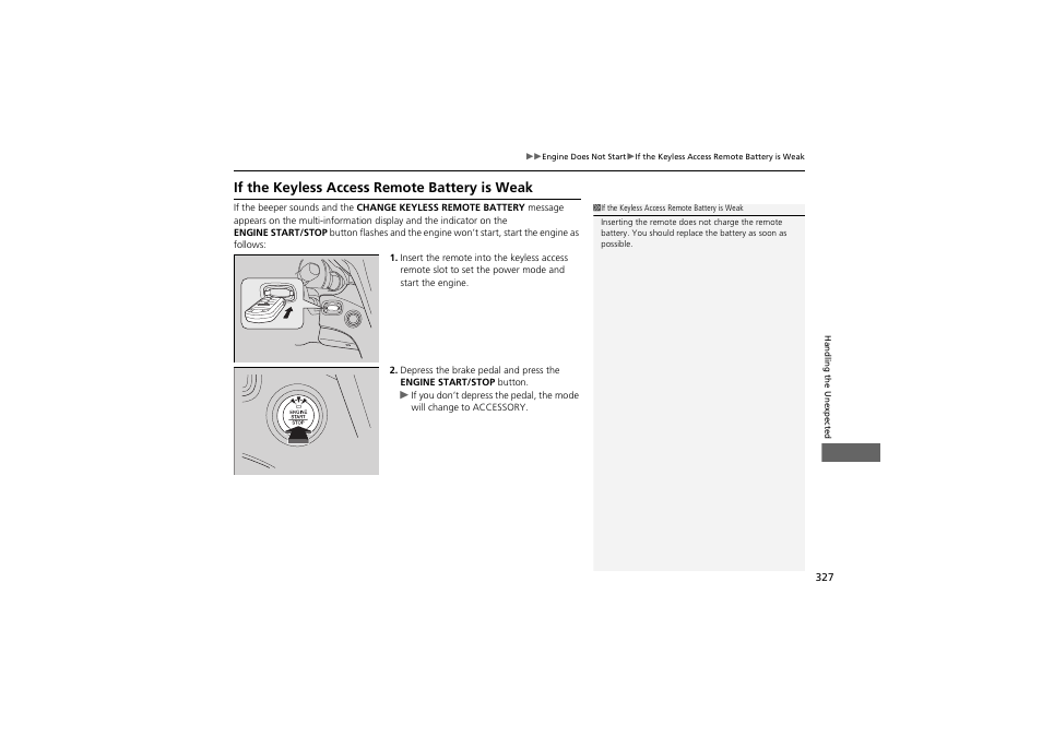 If the keyless access remote battery is weak | Acura 2012 ZDX User Manual | Page 329 / 370
