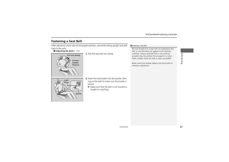 Fastening a seat belt | Acura 2012 ZDX User Manual | Page 33 / 370