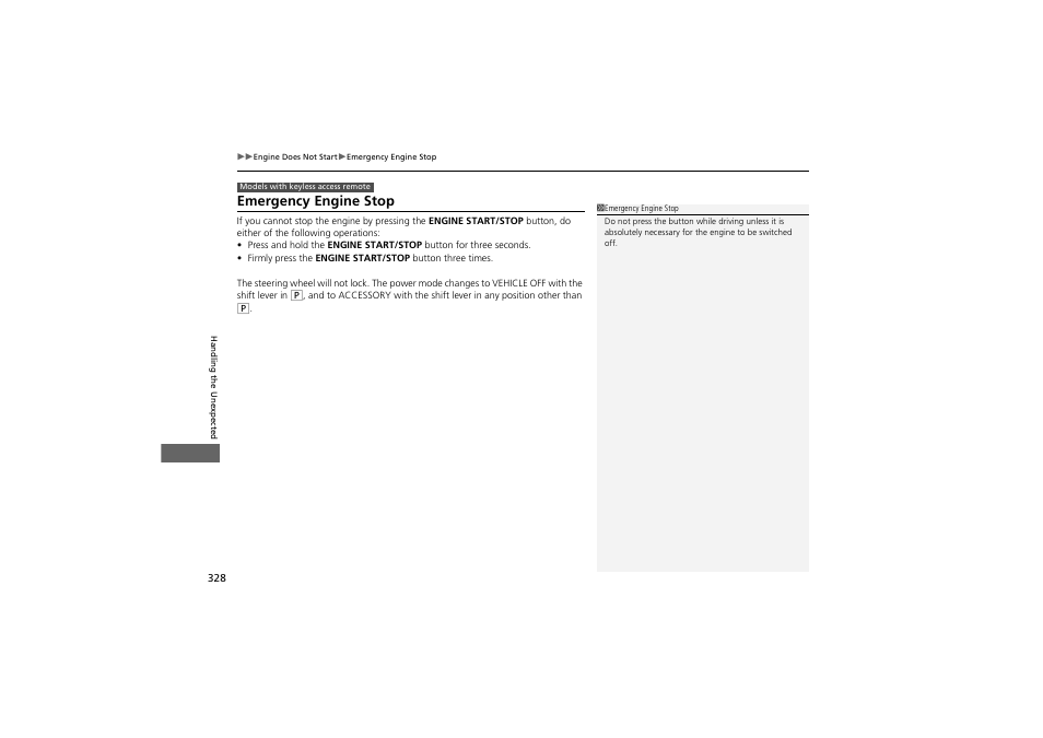 Emergency engine stop | Acura 2012 ZDX User Manual | Page 330 / 370