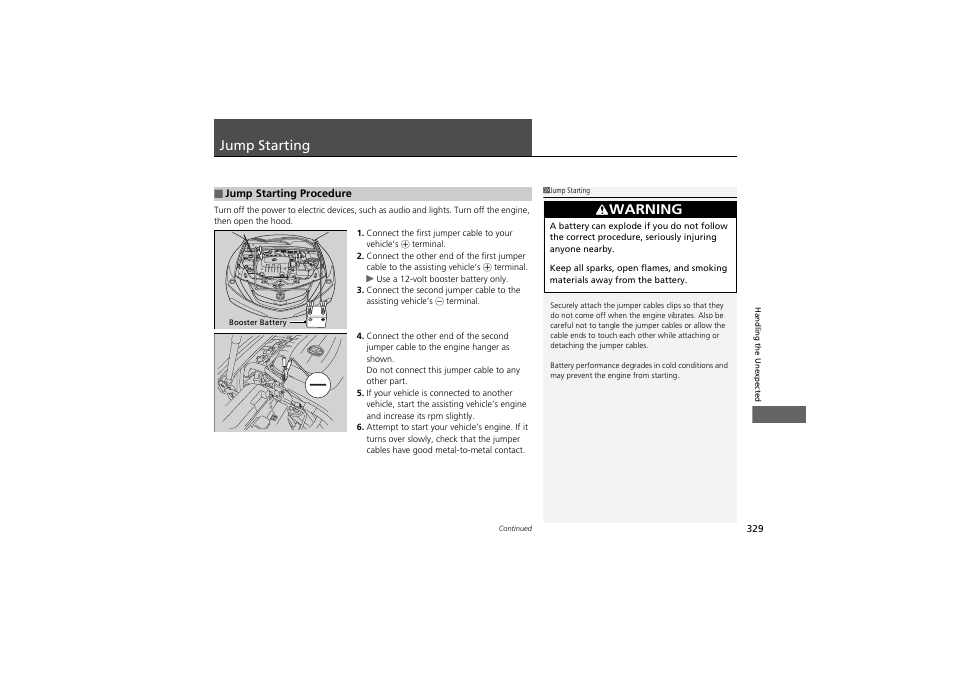 Jump starting, Warning | Acura 2012 ZDX User Manual | Page 331 / 370