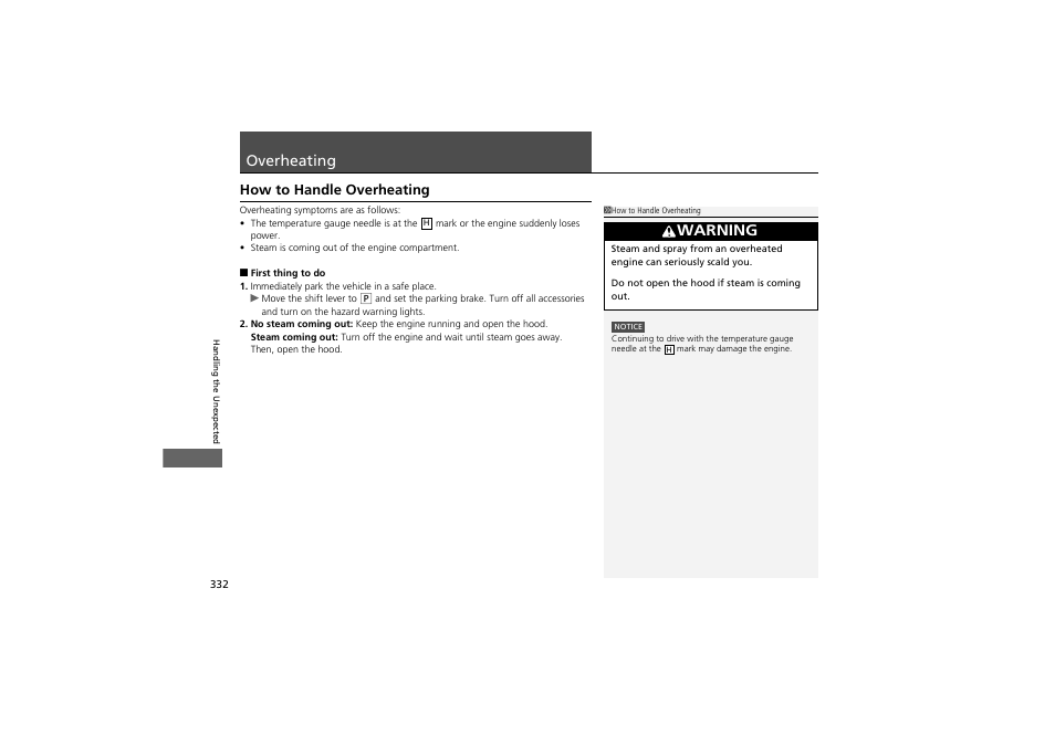 Overheating, Warning, How to handle overheating | Acura 2012 ZDX User Manual | Page 334 / 370