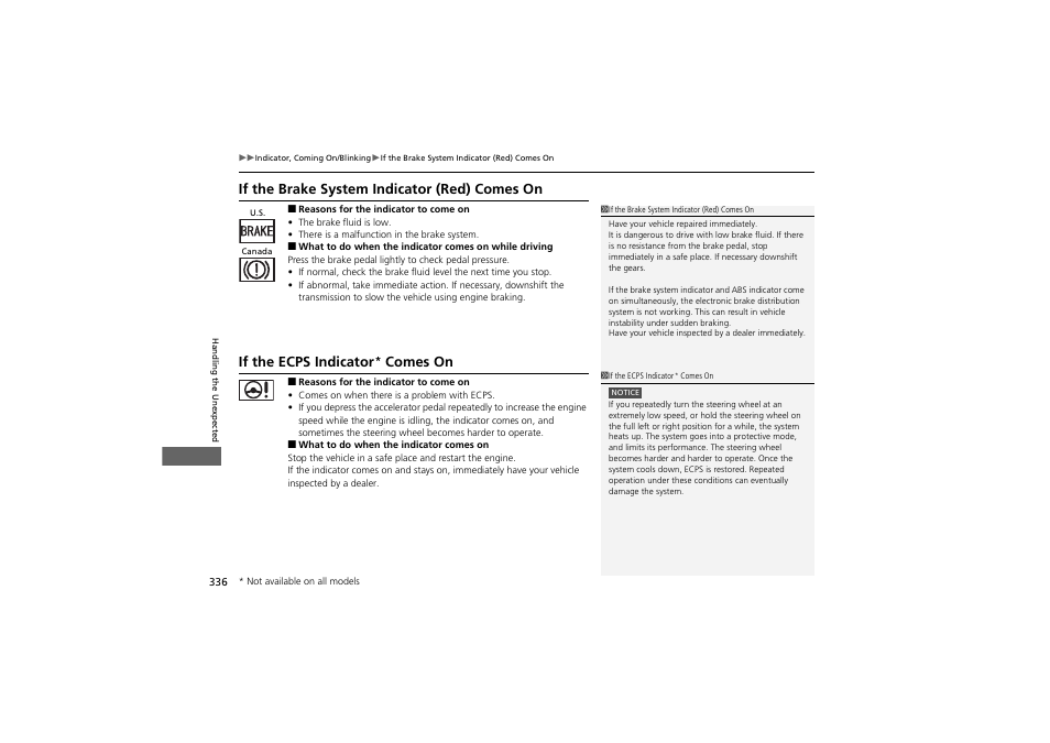 If the brake system indicator (red) comes on, If the ecps indicator, Comes on | Acura 2012 ZDX User Manual | Page 338 / 370