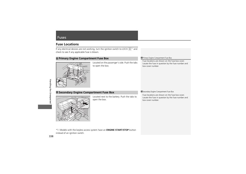 Fuses, Fuse locations | Acura 2012 ZDX User Manual | Page 340 / 370