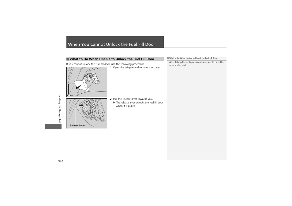 When you cannot unlock the fuel fill door | Acura 2012 ZDX User Manual | Page 348 / 370