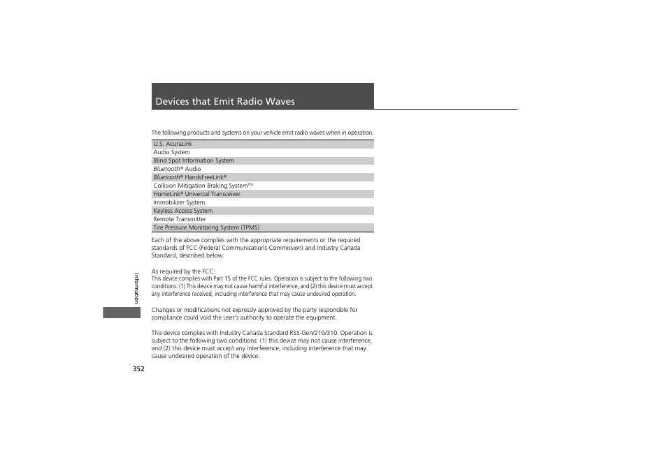 Devices that emit radio waves | Acura 2012 ZDX User Manual | Page 354 / 370