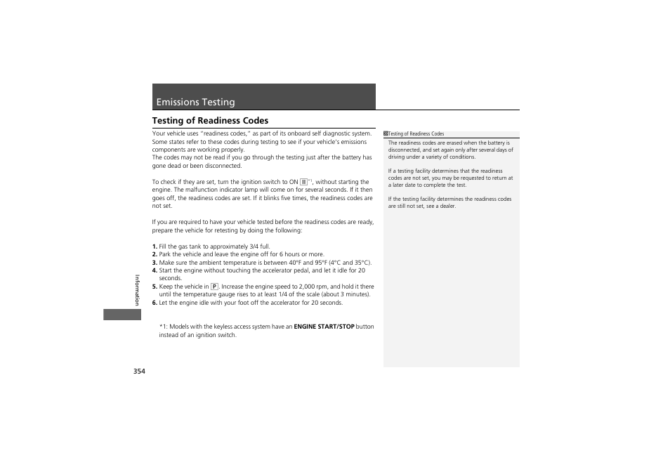Emissions testing, Testing of readiness codes | Acura 2012 ZDX User Manual | Page 356 / 370