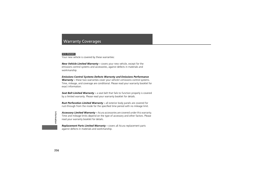 Warranty coverages | Acura 2012 ZDX User Manual | Page 358 / 370