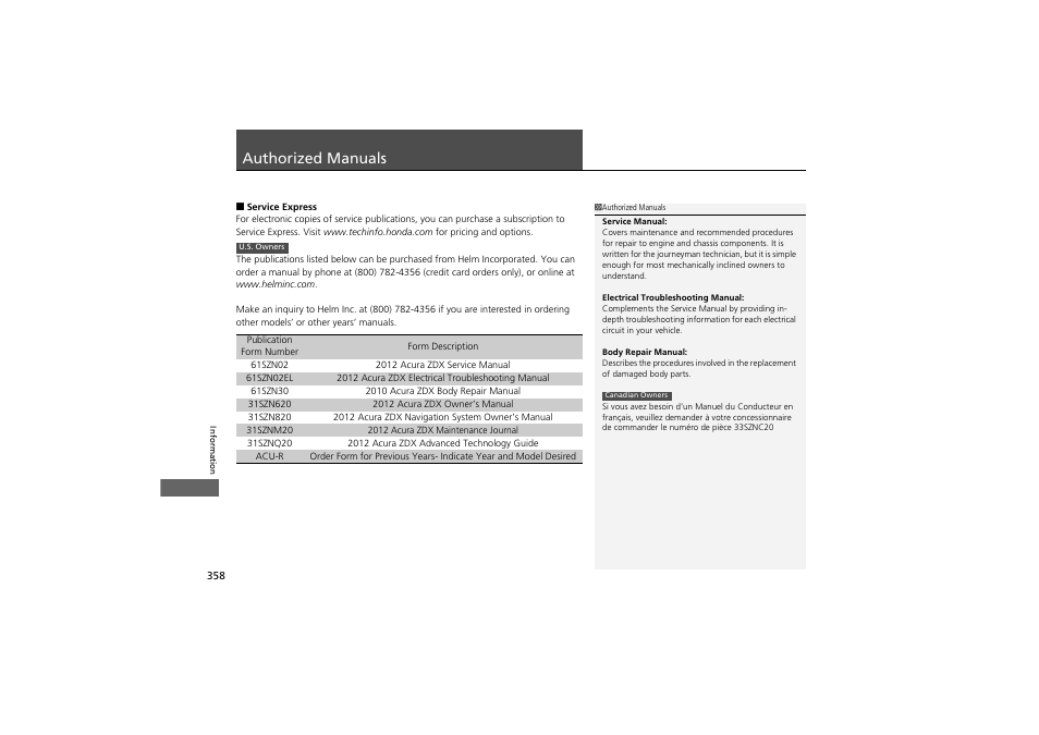 Authorized manuals | Acura 2012 ZDX User Manual | Page 360 / 370