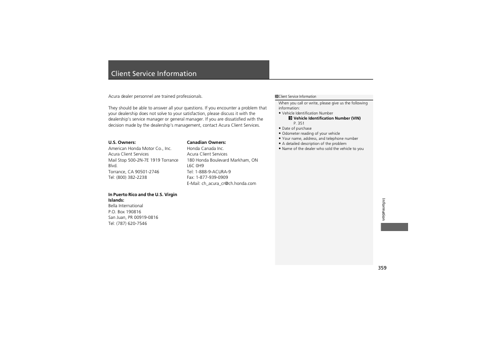 Client service information | Acura 2012 ZDX User Manual | Page 361 / 370