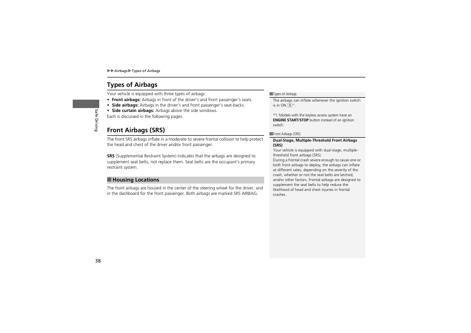 Types of airbags, Front airbags (srs) | Acura 2012 ZDX User Manual | Page 40 / 370
