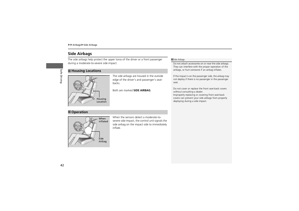 Side airbags | Acura 2012 ZDX User Manual | Page 44 / 370