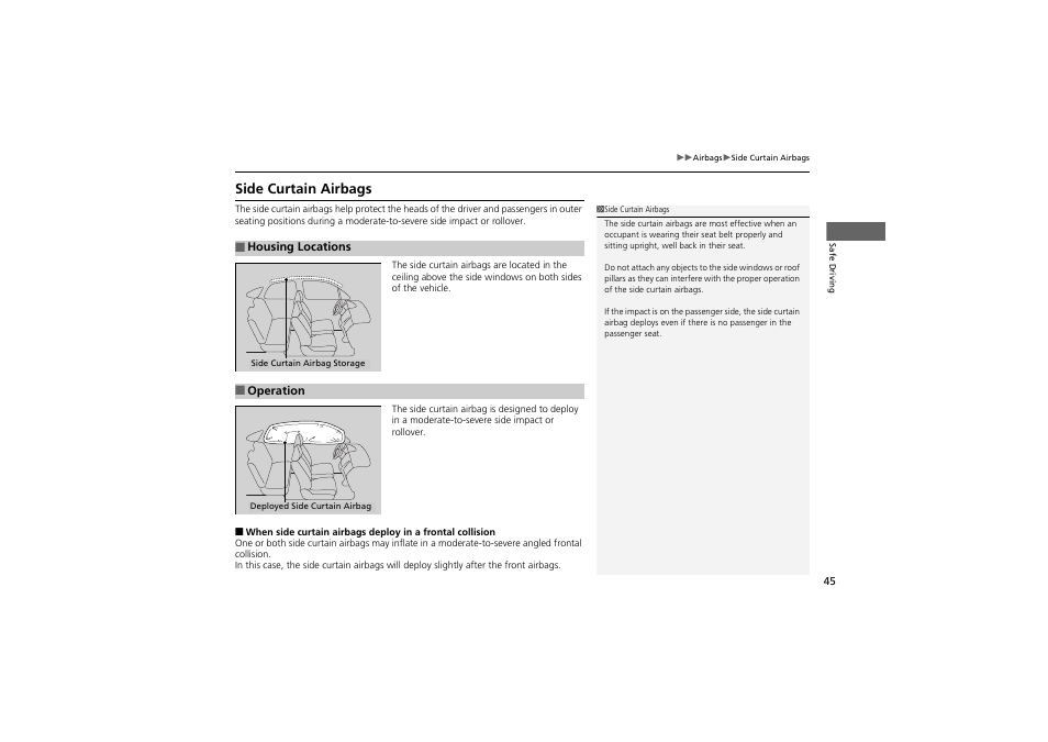 Side curtain airbags | Acura 2012 ZDX User Manual | Page 47 / 370