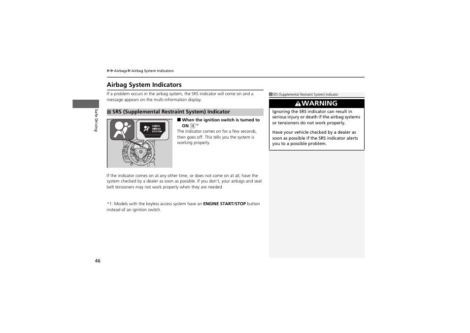 Warning, Airbag system indicators | Acura 2012 ZDX User Manual | Page 48 / 370