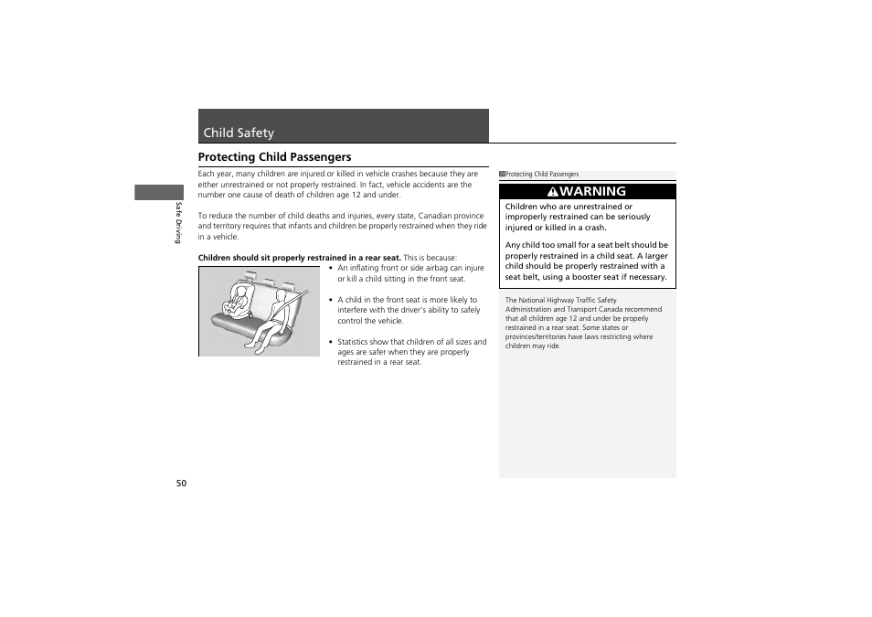 Child safety, Warning, Protecting child passengers | Acura 2012 ZDX User Manual | Page 52 / 370