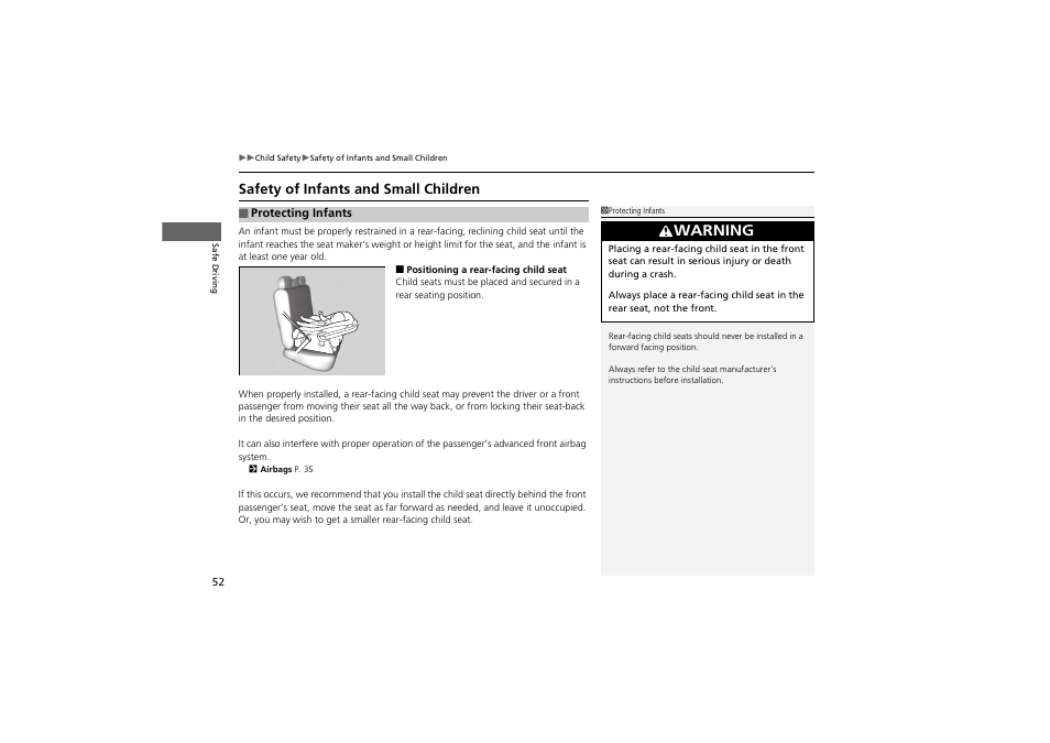 Warning, Safety of infants and small children | Acura 2012 ZDX User Manual | Page 54 / 370