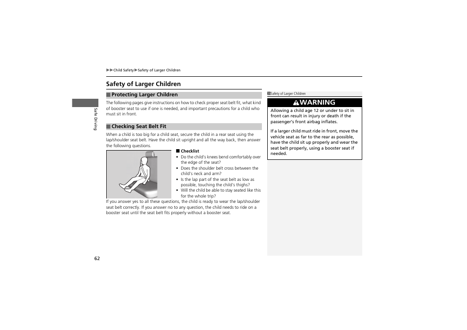 Warning, Safety of larger children | Acura 2012 ZDX User Manual | Page 64 / 370