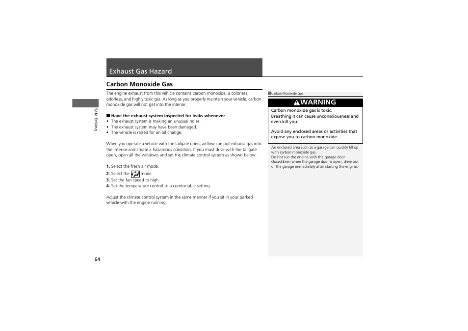 Exhaust gas hazard, Warning, Carbon monoxide gas | Acura 2012 ZDX User Manual | Page 66 / 370