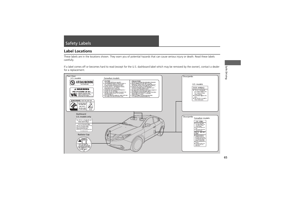 Safety labels, Label locations | Acura 2012 ZDX User Manual | Page 67 / 370