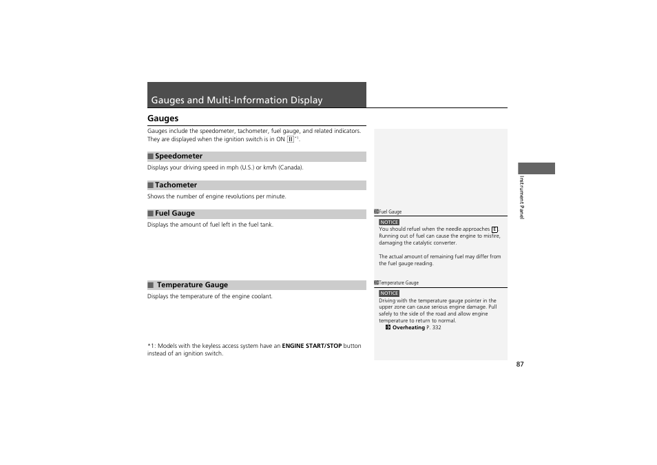 Gauges and multi-information display, Gauges | Acura 2012 ZDX User Manual | Page 89 / 370