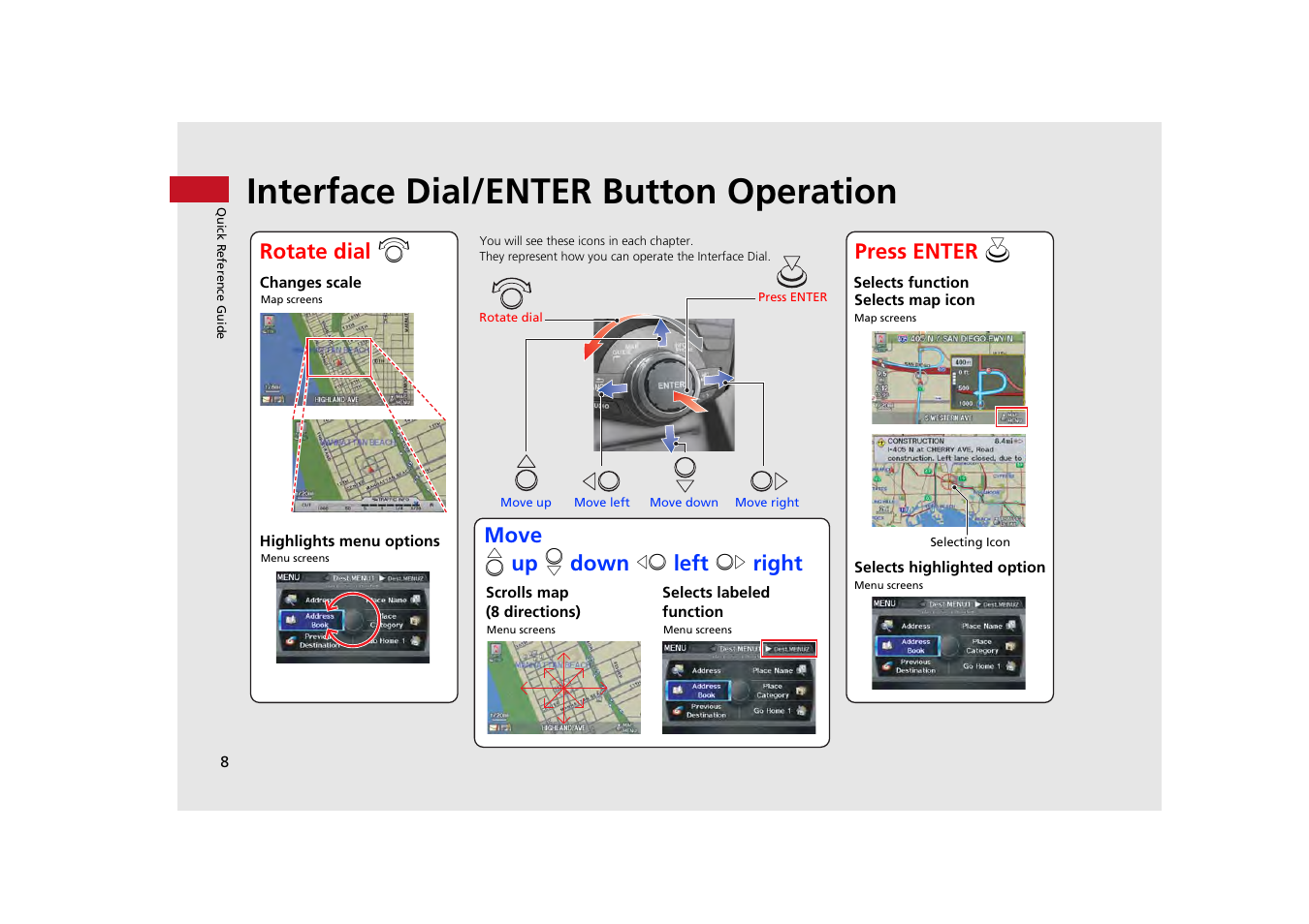 Interface dial/enter button operation | Acura 2013 ZDX Navigation User Manual | Page 10 / 251