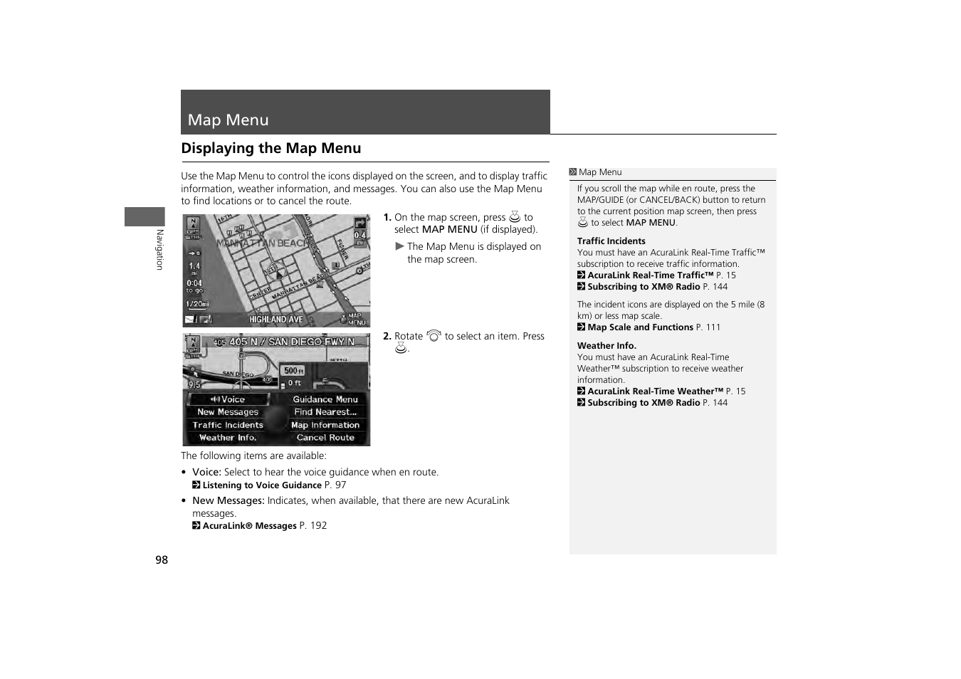 Map menu 98, P98), Map menu | Displaying the map menu | Acura 2013 ZDX Navigation User Manual | Page 100 / 251