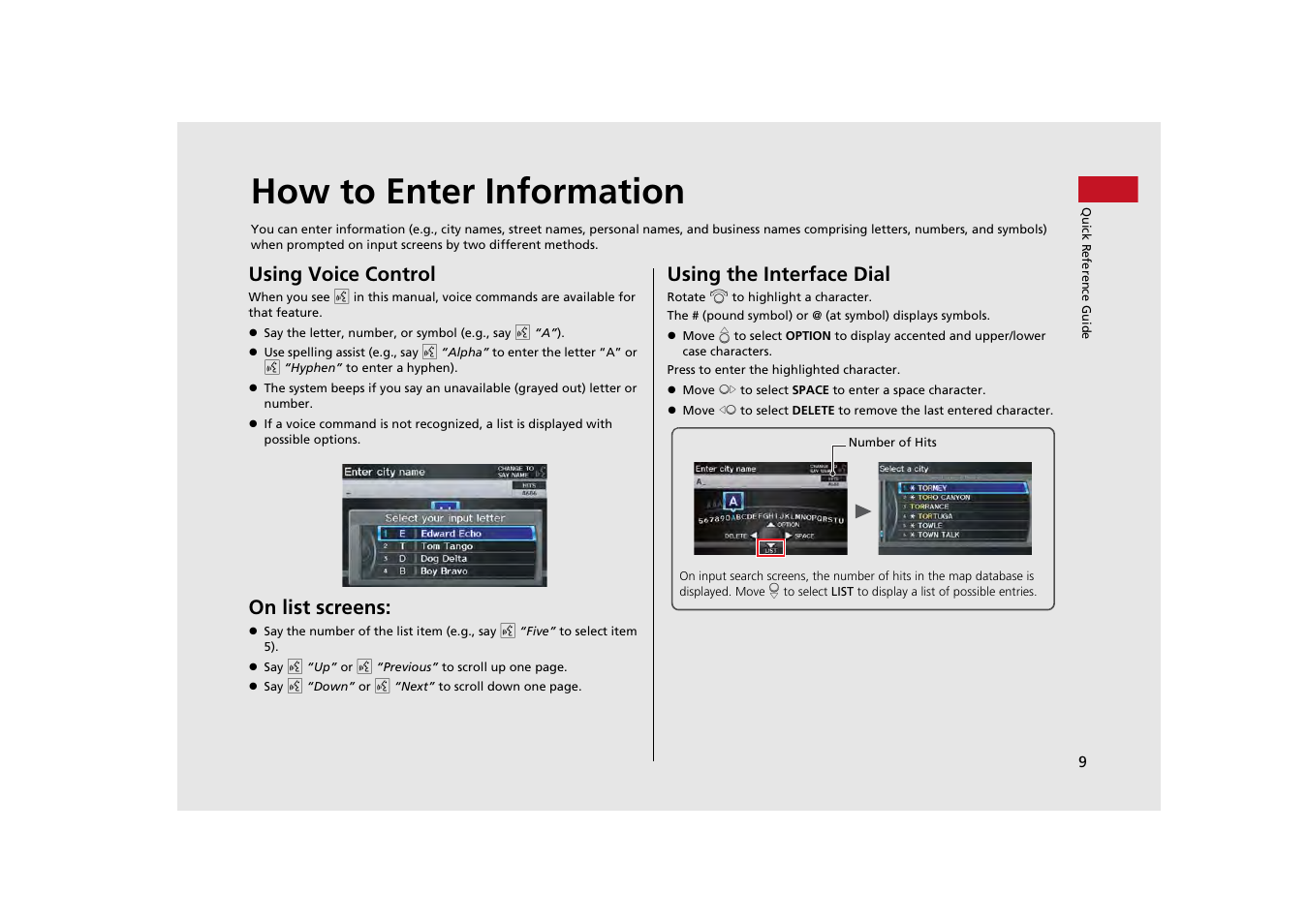 How to enter information, Using voice control, On list screens | Using the interface dial | Acura 2013 ZDX Navigation User Manual | Page 11 / 251