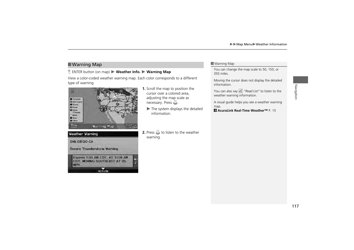 2 warning map, P. 117 | Acura 2013 ZDX Navigation User Manual | Page 119 / 251