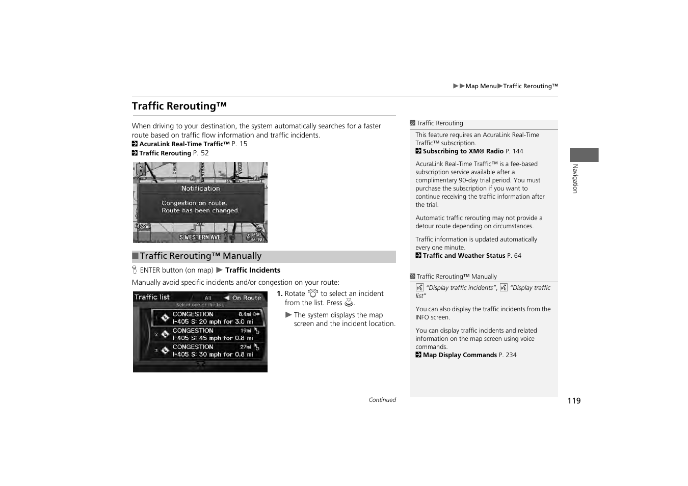 P119), 2 traffic rerouting, P. 119 | Traffic rerouting, 2 traffic rerouting™ p. 119 | Acura 2013 ZDX Navigation User Manual | Page 121 / 251